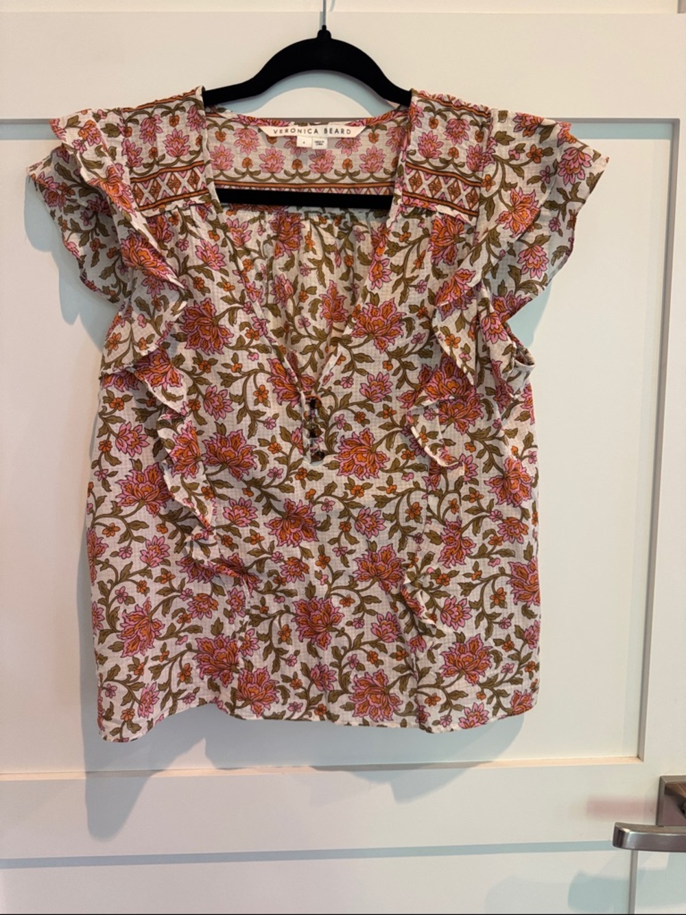 Veronica Beard Cream Floral Ruffle Cap-Sleeve Blouse